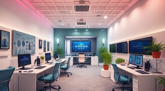 engaging content strategy, explorative expression, simulating scenarios, photorealistic, dynamic office with VR setups, highly detailed, virtual reality elements, 8K resolution, pastel colors, overhead lighting, shot with a 28mm lens.