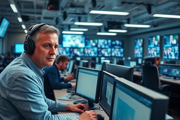 efficient content distribution, confident expression, coordinating launches, photorealistic, bustling newsroom with computers, highly detailed, streaming platforms shown, 4K resolution, cool tones, fluorescent lighting, shot with a 70-200mm lens.