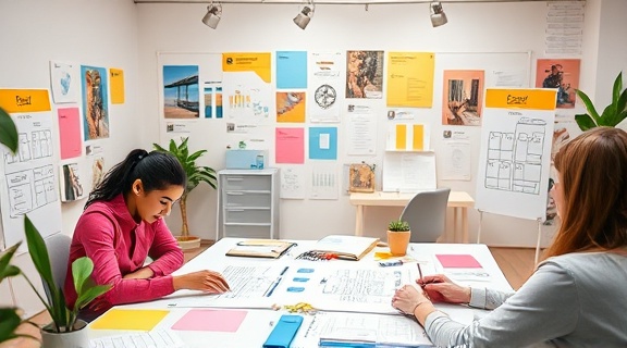 innovative ecommerce design, visionary, reimagining user interface, photorealistic, amidst a creative workspace with mood boards and sketches, highly detailed, designers engaged in brainstorming, sharp digital clarity, pastel colors, overhead lighting, shot with a macro lens.