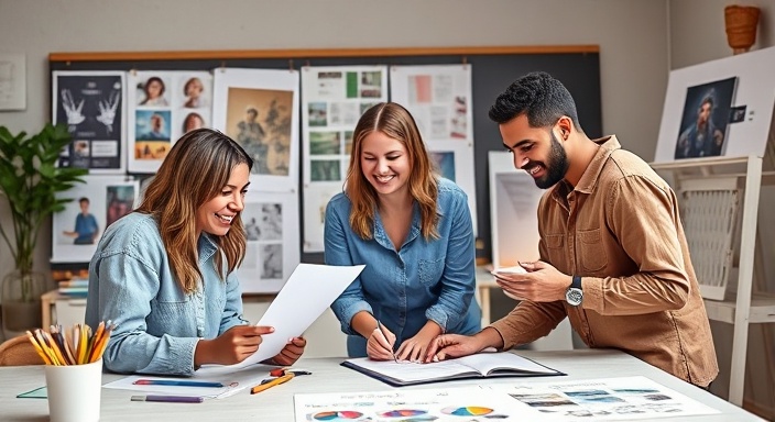 collaborative marketing campaign, enthusiastic, designing creative, photorealistic, collaborative studio with mood boards, highly detailed, creators sketching, precise definition, pastel shades, soft side lighting, shot with a 28mm lens.