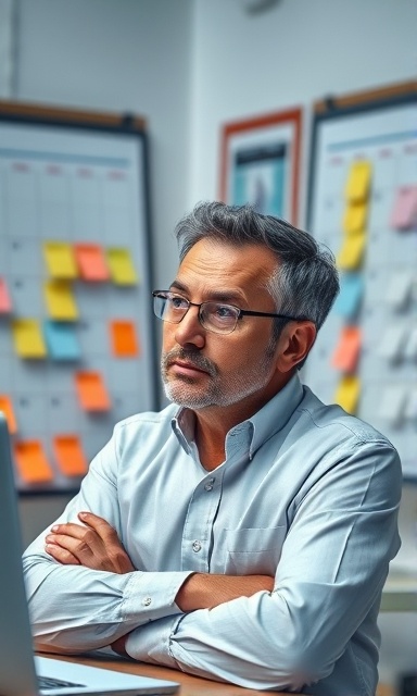 meticulous content planning, contemplative expression, organizing tasks, photorealistic, spacious workspace with calendar, highly detailed, sticky notes on boards, UHD resolution, muted colors, diffused lighting, shot with a 85mm lens.