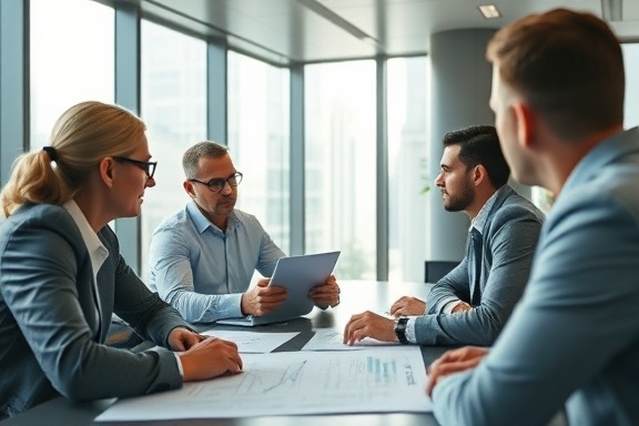 strategic ecommerce blueprint, insightful, crafting market strategies, photorealistic, in a sleek boardroom with floor-to-ceiling windows, highly detailed, executives focused on a presentation, clear foreground focus, neutral colors, natural daylight streaming in, shot with a 35mm lens.