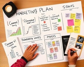 comprehensive marketing plan, strategic, mapping out phases, photorealistic, planning area with sticky notes and markers, highly detailed, planner writing ideas, sharp details, warm neutral tones, direct overhead light, shot with a 24mm lens.