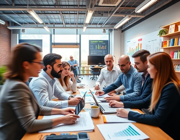 prosperous ecommerce growth, determined, strategizing expansion, photorealistic, set in a bustling startup environment with charts and graphs, highly detailed, professionals collaborating, motion blur capturing movement, vibrant colors, dynamic studio lighting, shot with a wide-angle lens.