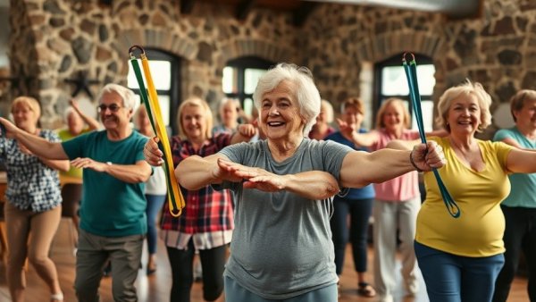 Elderly group exercising indoors with bands for Fitness Rules for Healthy Aging.