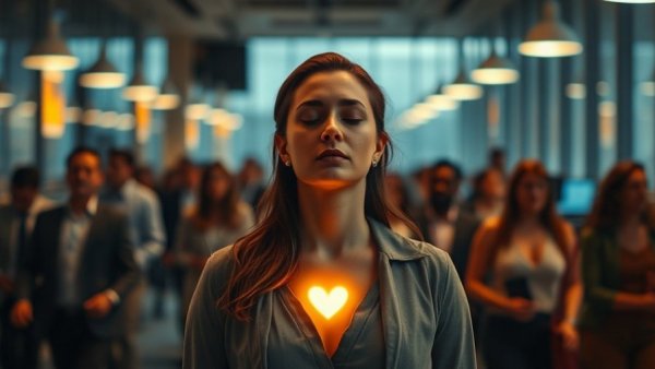 Woman meditating amid workplace chaos, highlighting mental health.