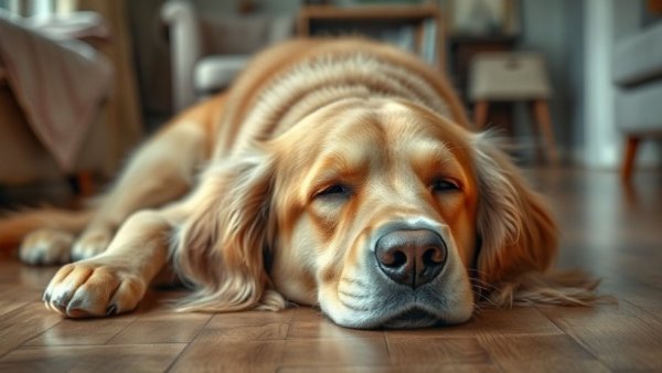 Signs of pet aging: mature golden retriever resting indoors.