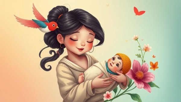 Whimsical illustration of mother holding baby, vibrant colors.