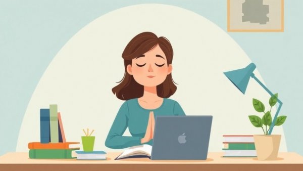 Cartoon woman practicing mindfulness at desk, enhancing focus.
