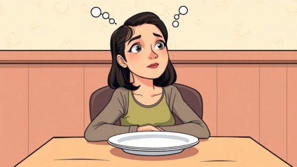 Thoughtful woman at table with empty plate, concept art for food noise management.