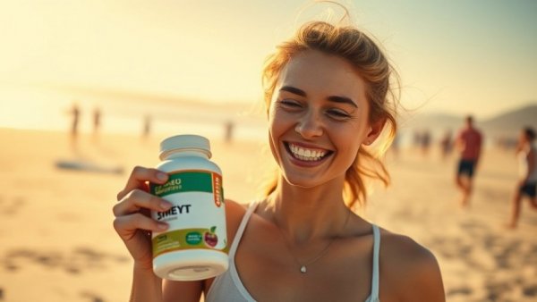 Woman holding supplement bottle, promoting paraxanthine benefits for exercise performance.