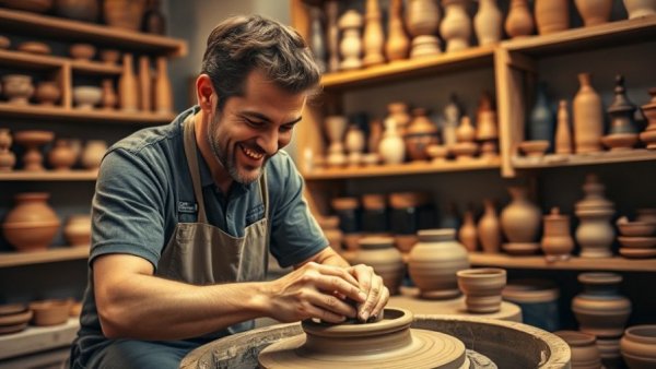 Artistic male potter crafting pottery with vibrant colors, The Power of Imperfect Work.