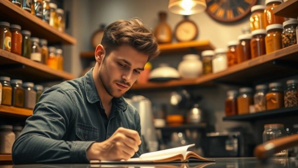 Young man in cafe enjoying benefits of writing by hand, warm setting.