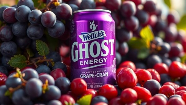 GHOST Energy Welch's Grape-Cran can among grapes and cranberries.