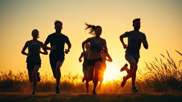 Runners at sunrise, preventing running injuries during a marathon.