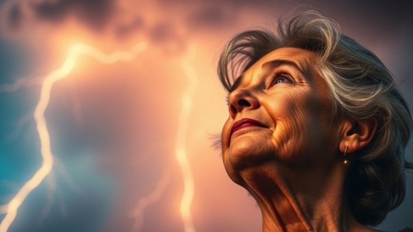 Artistic older woman contemplating lightning sky, showcasing connection themes.