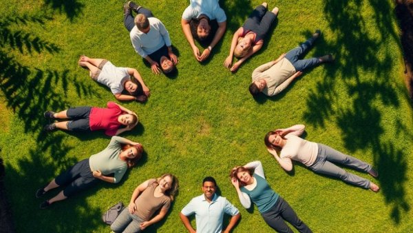 Aerial view of people practicing mindfulness on grass circle.
