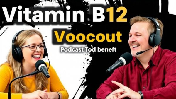 Podcast hosts discussing Vitamin B12 benefits for athletes, vibrant style.