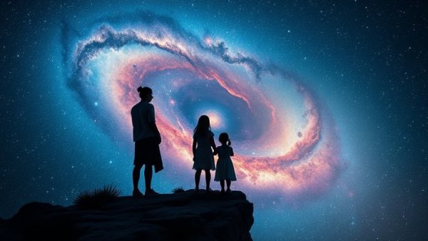 Woman and child gaze at galaxy, symbolizing coping with childhood trauma.