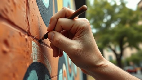 Close-up of hand painting mural, illustrating creativity and focus.