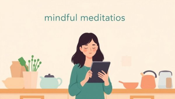 Illustration of woman with tablet and mindful meditations logo, representing how to set an intention for your future.