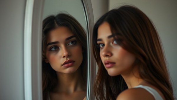 Mindfulness portrait of a young woman reflecting in a mirror