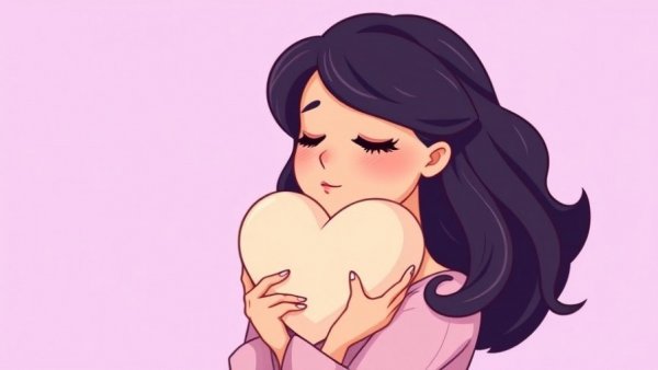 Serene cartoon woman embracing heart, conveying self-love. Stop judging yourself.