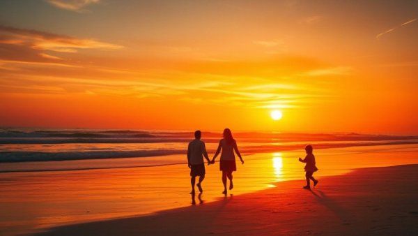 Family enjoying sunset beach walk, promoting gratitude practices.