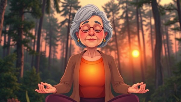 Older woman finds peace leaving organized religion in tranquil forest.
