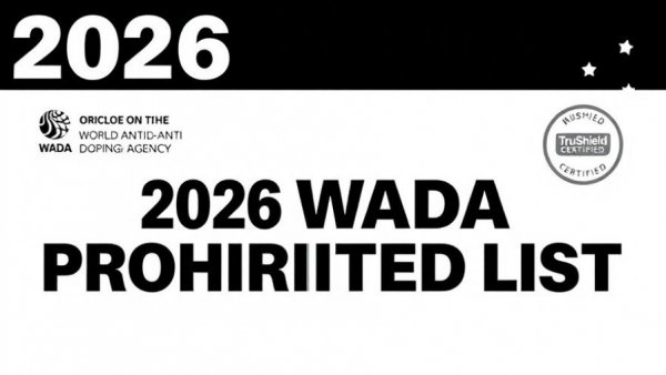 2026 WADA prohibited list announcement graphic with bold text and logos.