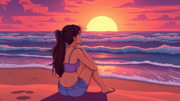 Young woman sitting alone on beach, vibrant sunset, contemplating how to be sad on vacation.