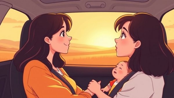 Mother and child in car at sunrise, moving beyond self-blame