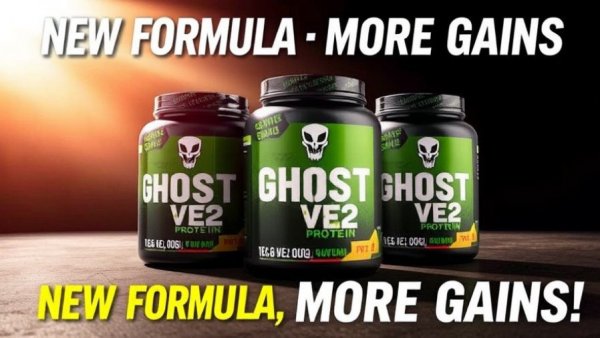 Energetic GHOST Vegan V2 promotional image with protein containers.