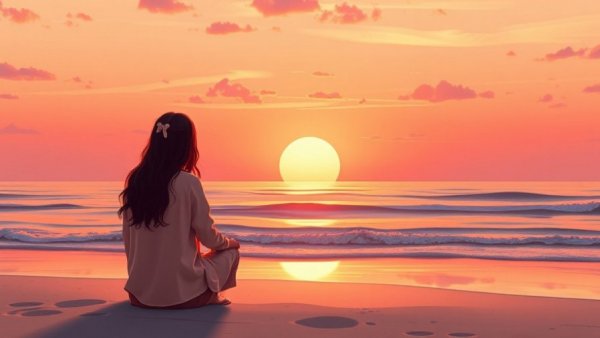 Person contemplating at sunset on beach, overcoming catastrophic thinking.