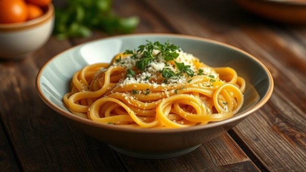 Delectable Mediterranean cuisine pasta on rustic table.