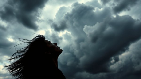 Silhouette under stormy sky, wind blowing. Vicarious trauma strategies.