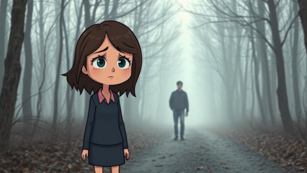 How old traumas cause self-doubt in relationships; distressed woman in misty forest.