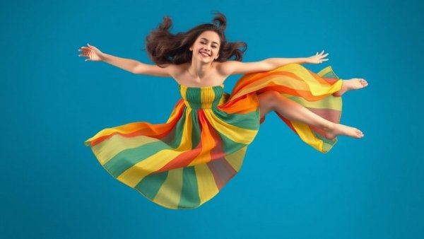 Young woman gracefully falling against a blue background, embodying 'failing with presence'.