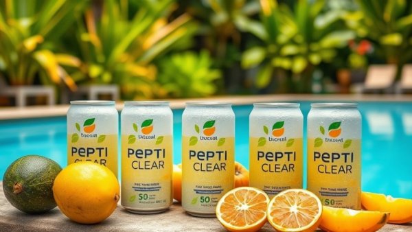 Refreshing PeptiClear drink alternative cans by a poolside with tropical fruits, emphasizing hydration.
