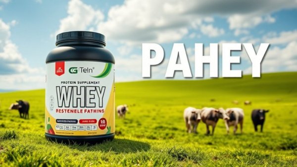 Native Whey Protein Benefits showcased on a vibrant protein supplement packaging with cows in the background.