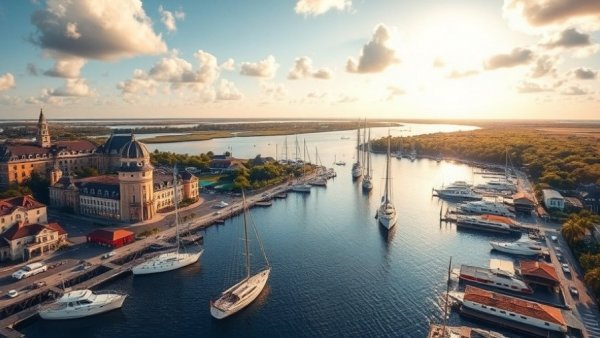 Georgetown South Carolina travel view with harbor, food, marshlands.