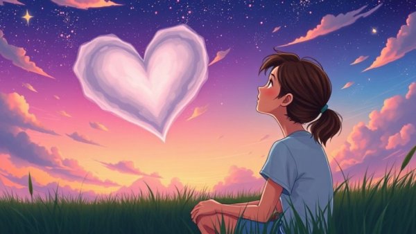 Young woman in meadow, gazing at clouds, self-compassion theme.