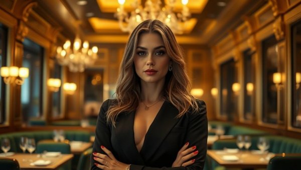 Confident woman in elegant restaurant setting, enhancing dining experience.