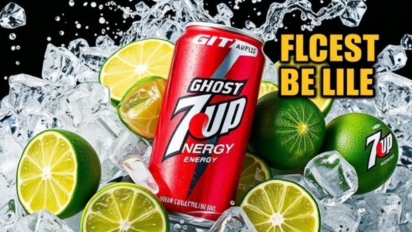 GHOST Energy x 7UP Lemon Lime Edition promotional image with ice and limes.
