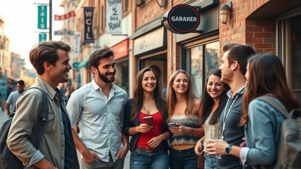 Casual discussion in Durham beer scene, vibrant urban setting