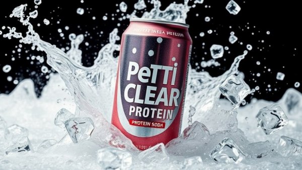 Dynamic can of PeptiClear protein soda with water splash and ice cubes