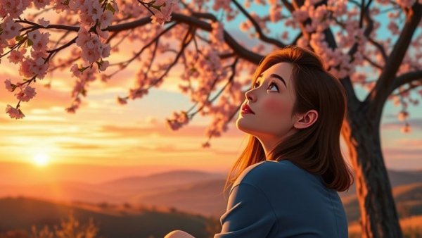 Thoughtful woman under tree reflecting on gratitude.