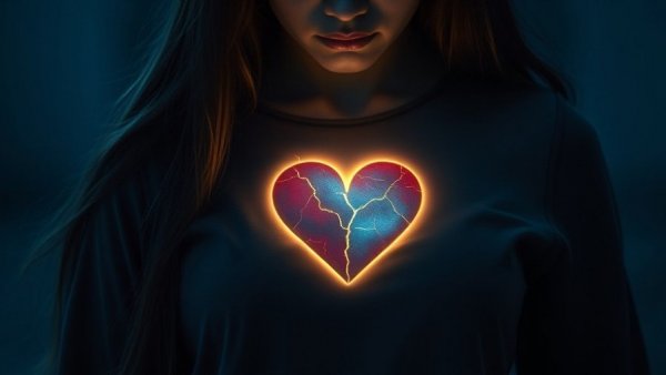 Emotional young woman with glowing heart, symbolizing escaping an abusive relationship.