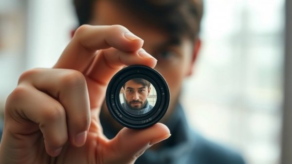 Close-up of hand with lens, blurry background face.