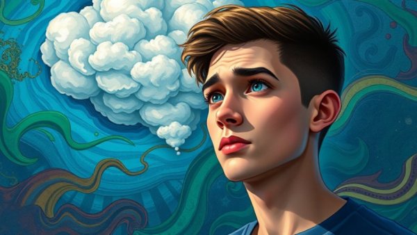 Contemplative man pondering with thought cloud, digital illustration.